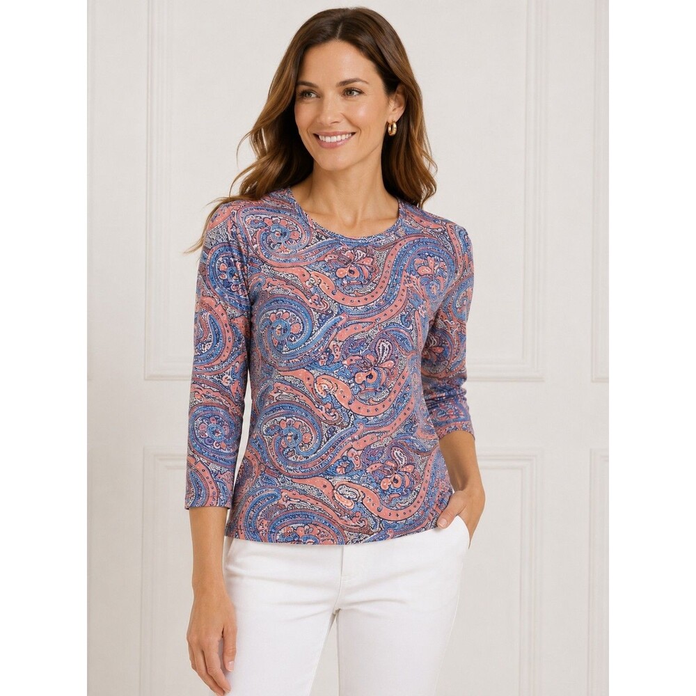 J. McLaughlin Catalina Cloth Top Size S Blue Floral Paisley  3/4 Sleeve Stretch